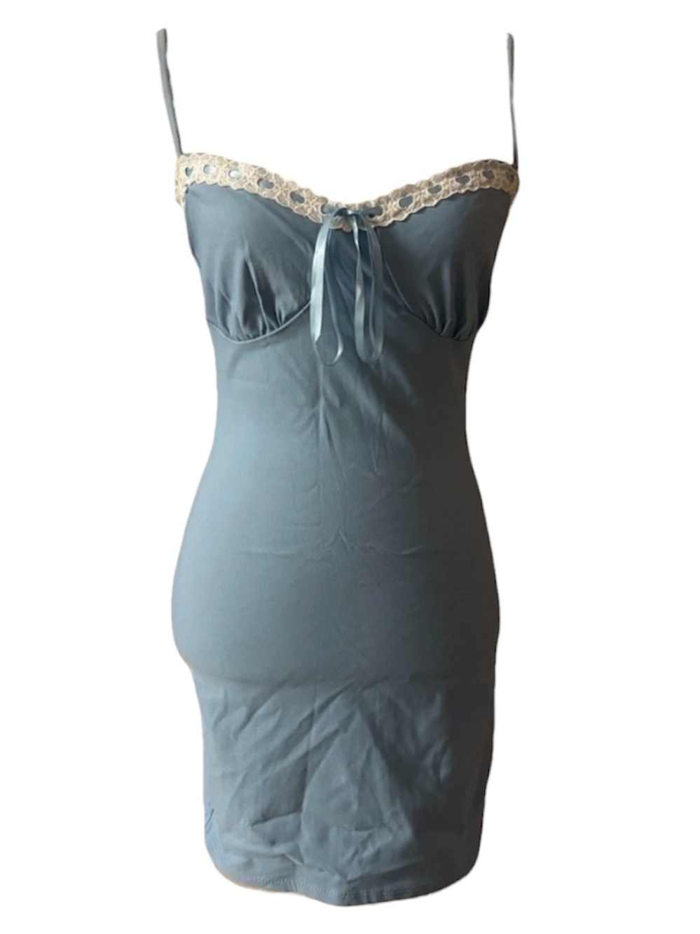 NWT WINDSOR Light Blue Lace Trim Sweetheart Neck Mini Dress Sz M
